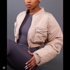Beige Cropped Ruched Sleeve Utlity Pocket Bomber Jacket